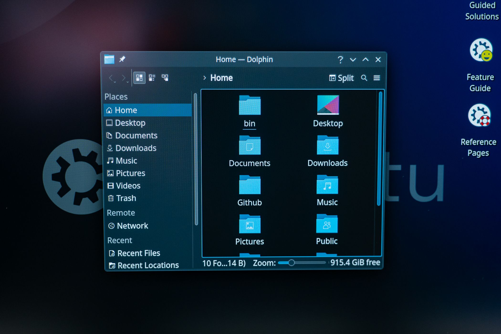 The Dolphin file browser open on a Kubuntu desktop showing the Home contents of the directory.