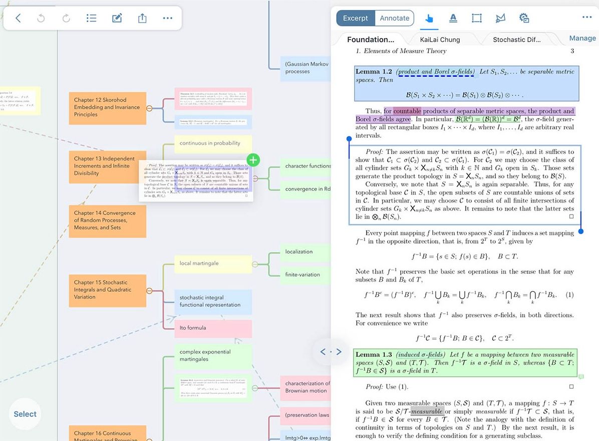 Mindmapping feature from MarginNote, displaying created mind map alongside document.