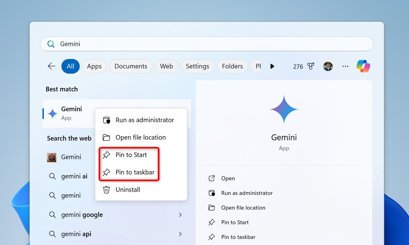 'Pin to Start' and 'Pin to Taskbar' highlighted for Gemini in Windows search.