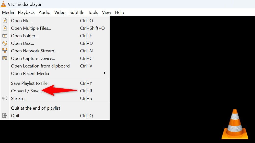 Media > Convert/Save highlighted in VLC.