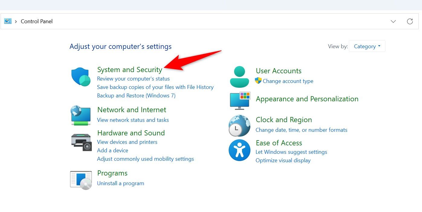 'System and Security' highlighted in Control Panel.