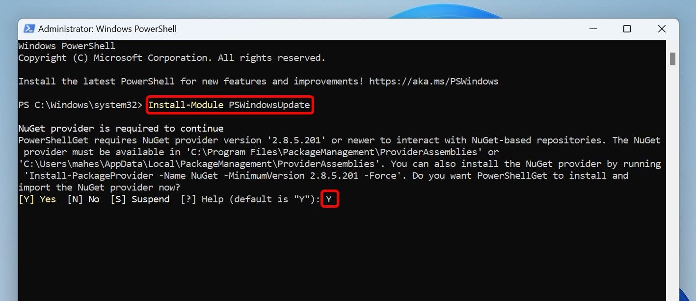 The command to install Windows Update module and 'Y' typed in PowerShell.