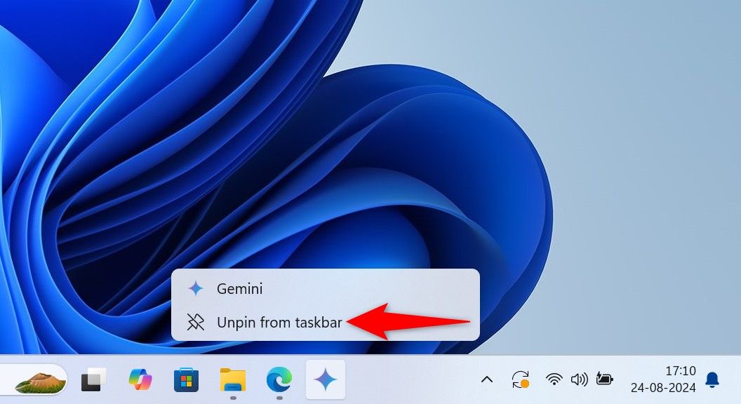 'Unpin From Taskbar' highlighted for Gemini on Windows taskbar.