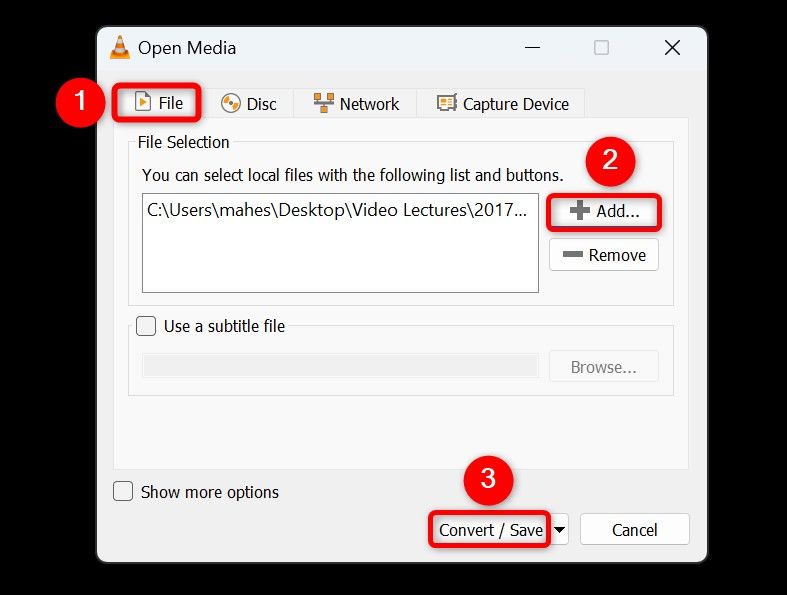 'File,' 'Add,' and 'Convert/Save' highlighted in VLC.