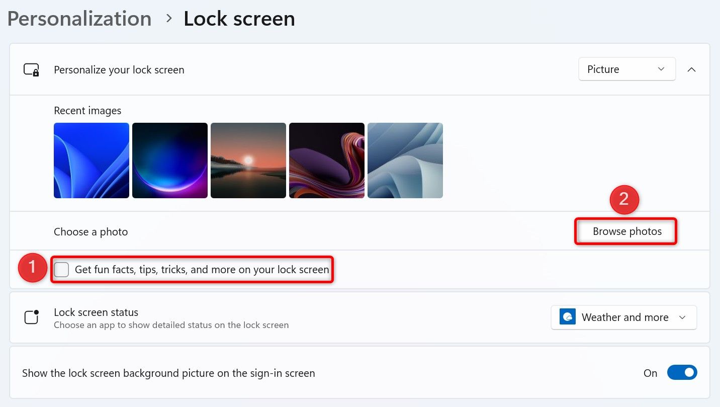 The option to disable lock screen ads and 'Browse Photos' highlighted in Settings.