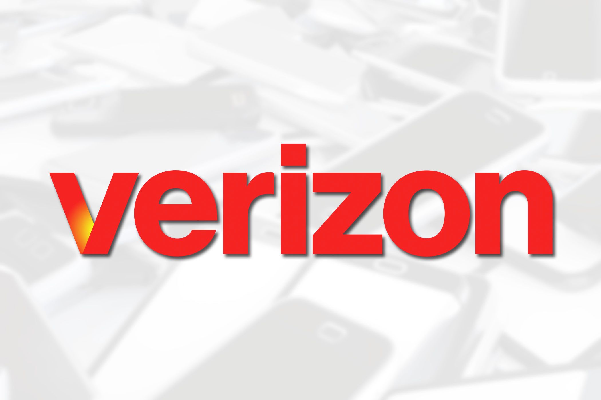 The Verizon logo over a grayscale photo of smartphones.