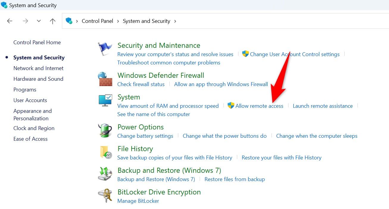 'Allow Remote Access' highlighted in Control Panel.