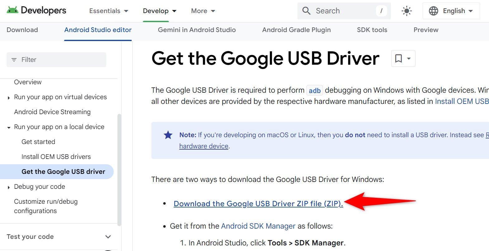 Download link highlighted for the Google USB driver package.