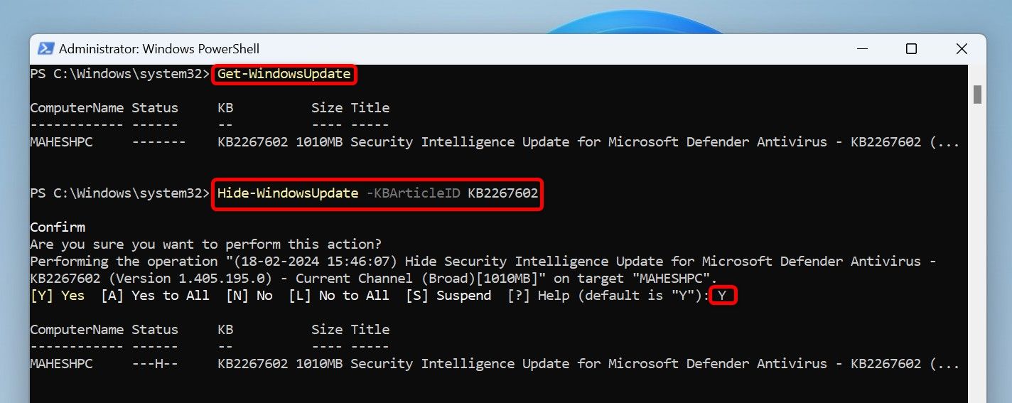 The command to view updates, hide an update, and 'Y' typed in PowerShell.