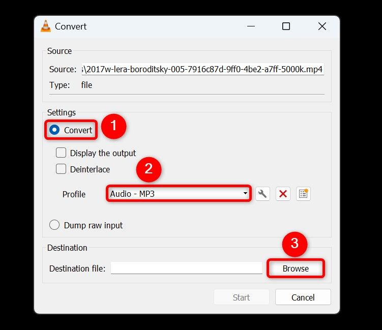 'Convert,' 'Audio - MP3,' and 'Browse' highlighted in VLC.