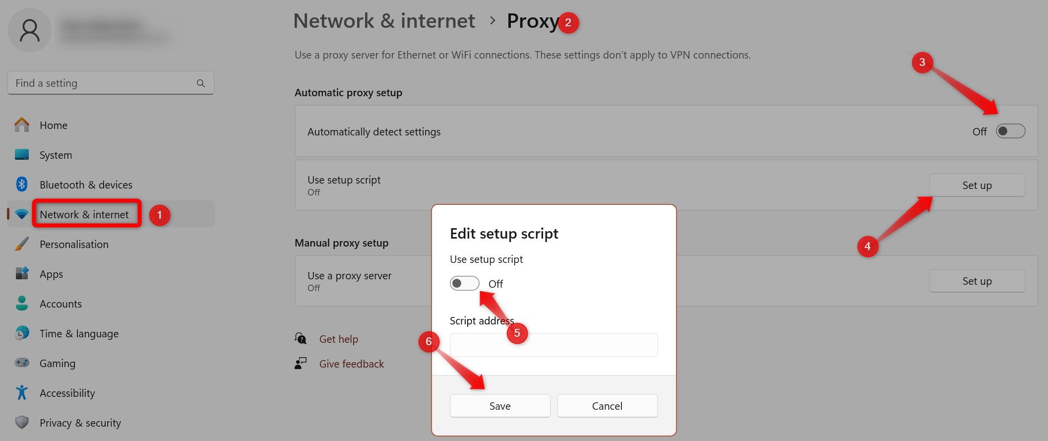 Turning off the automatic proxy setup in Windows Settings app.