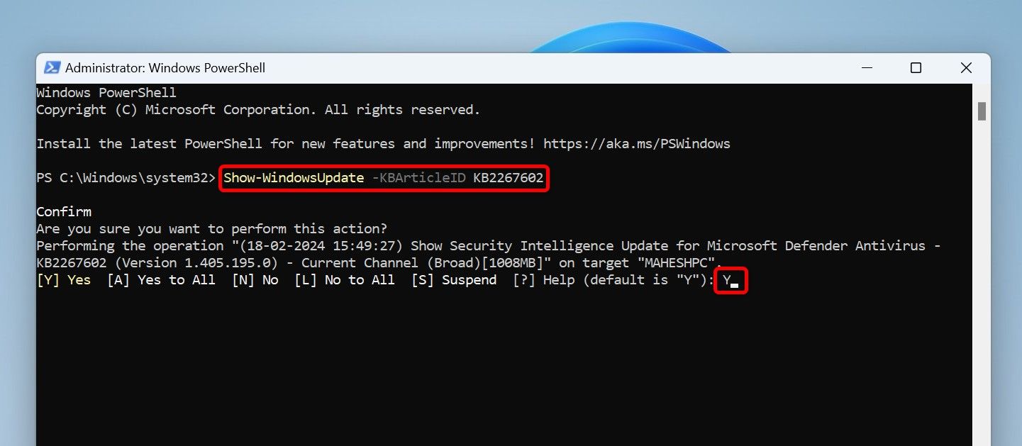 The command to unhide an update and 'Y' typed in PowerShell.