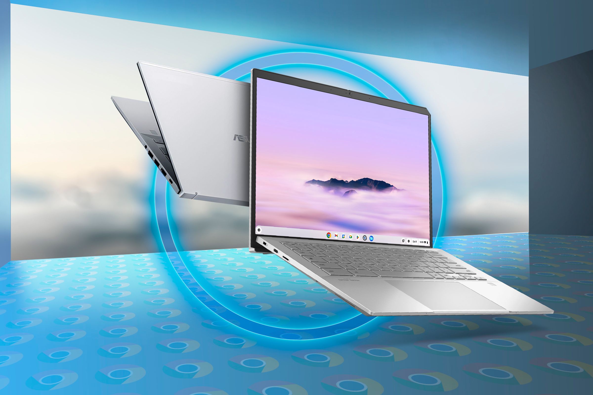 A Chromebook shown from the front and back in a clean and minimalist environment.