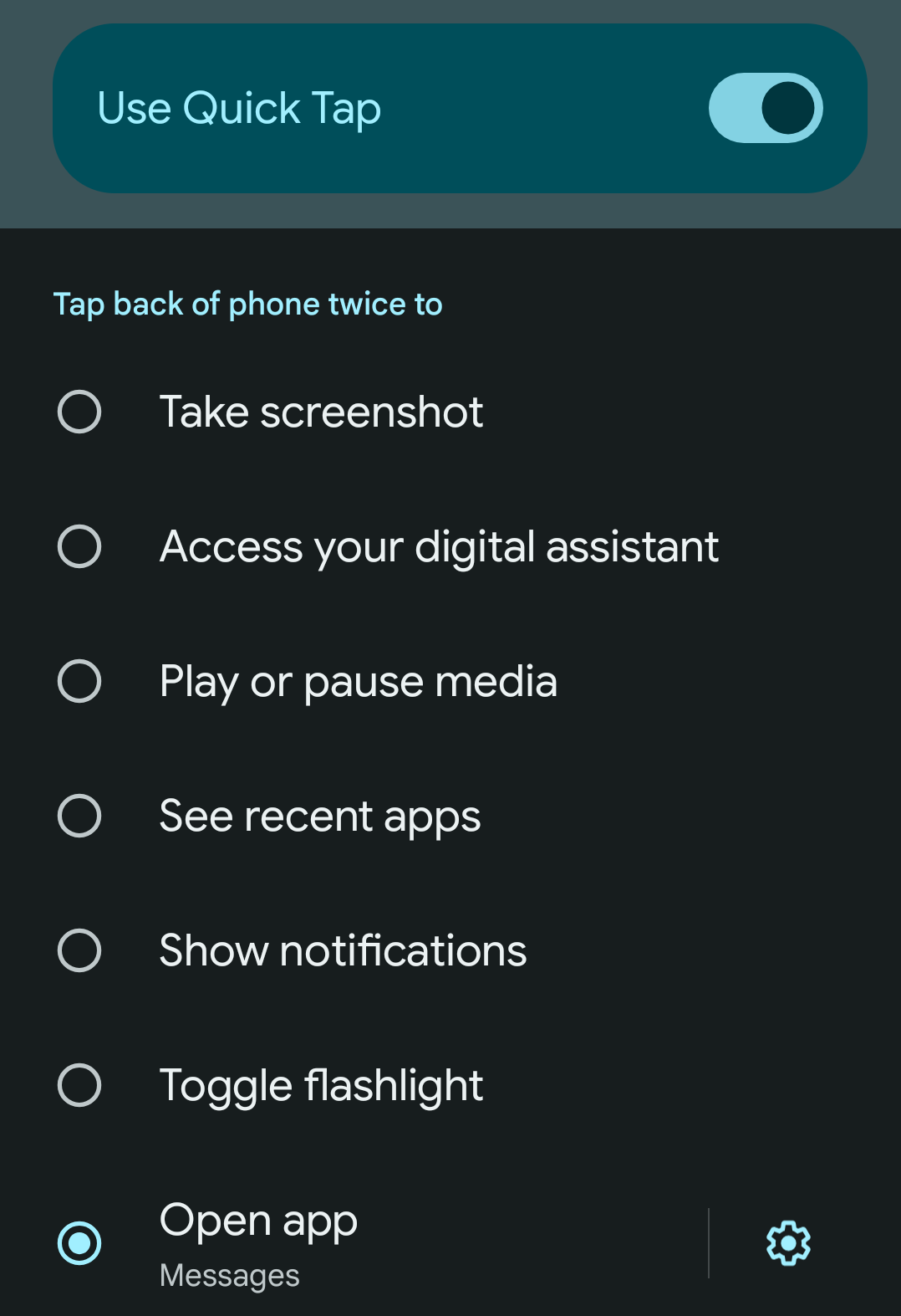 A cropped screenshot of the Google Pixel Quick Tap menu.