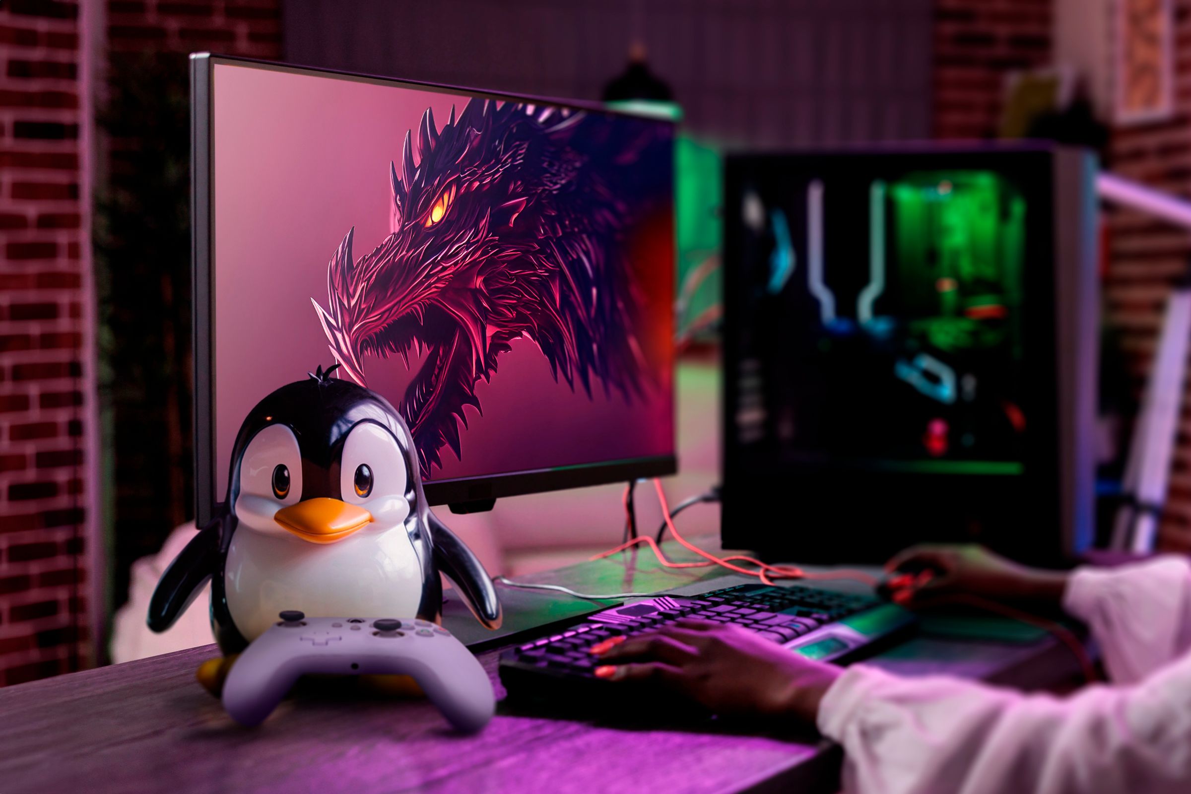 A gaming pc with Garuda Linux on the screen and tux mascot with a controller next to it.