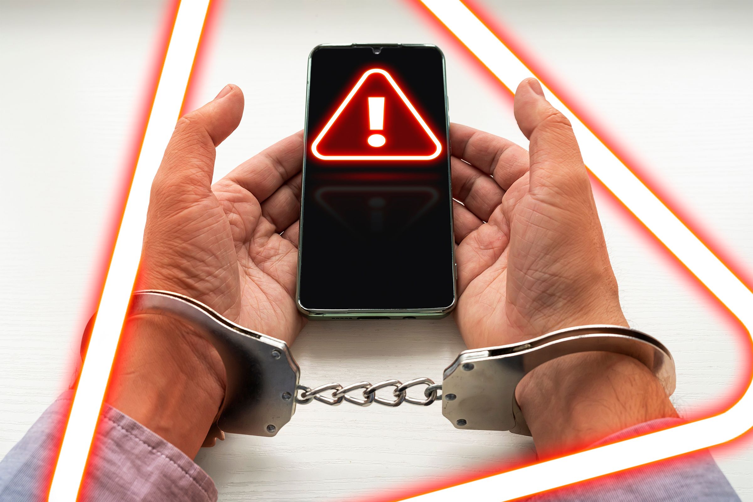 A handcuffed hand holding a cellphone with an alert icon.