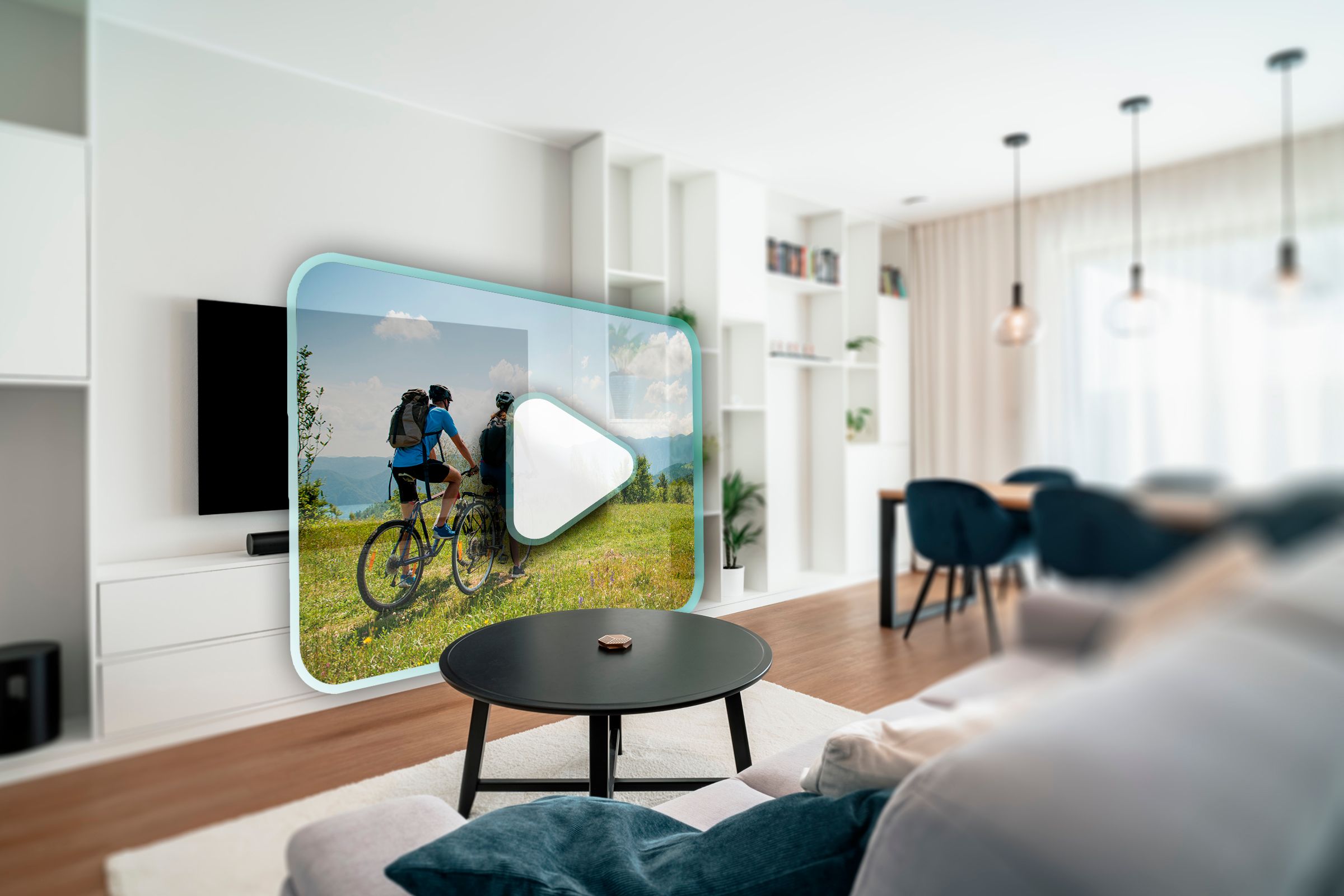 A living room with a video player in front of the TV.