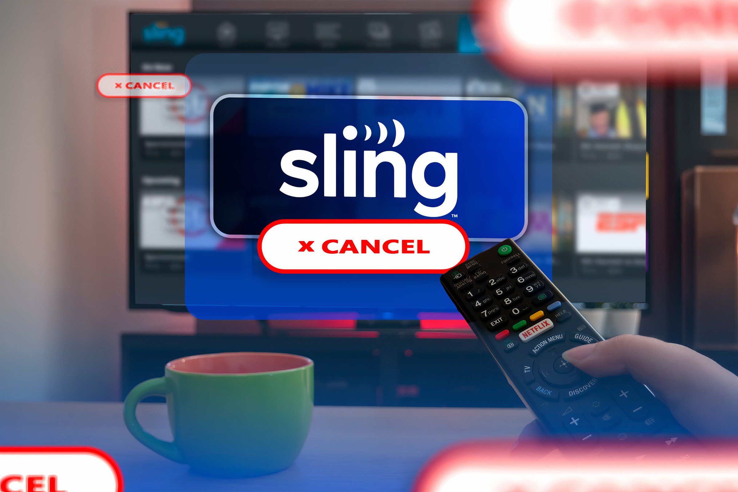 A person holding a controller in front of a TV with the Sling TV logo and a cancel button.