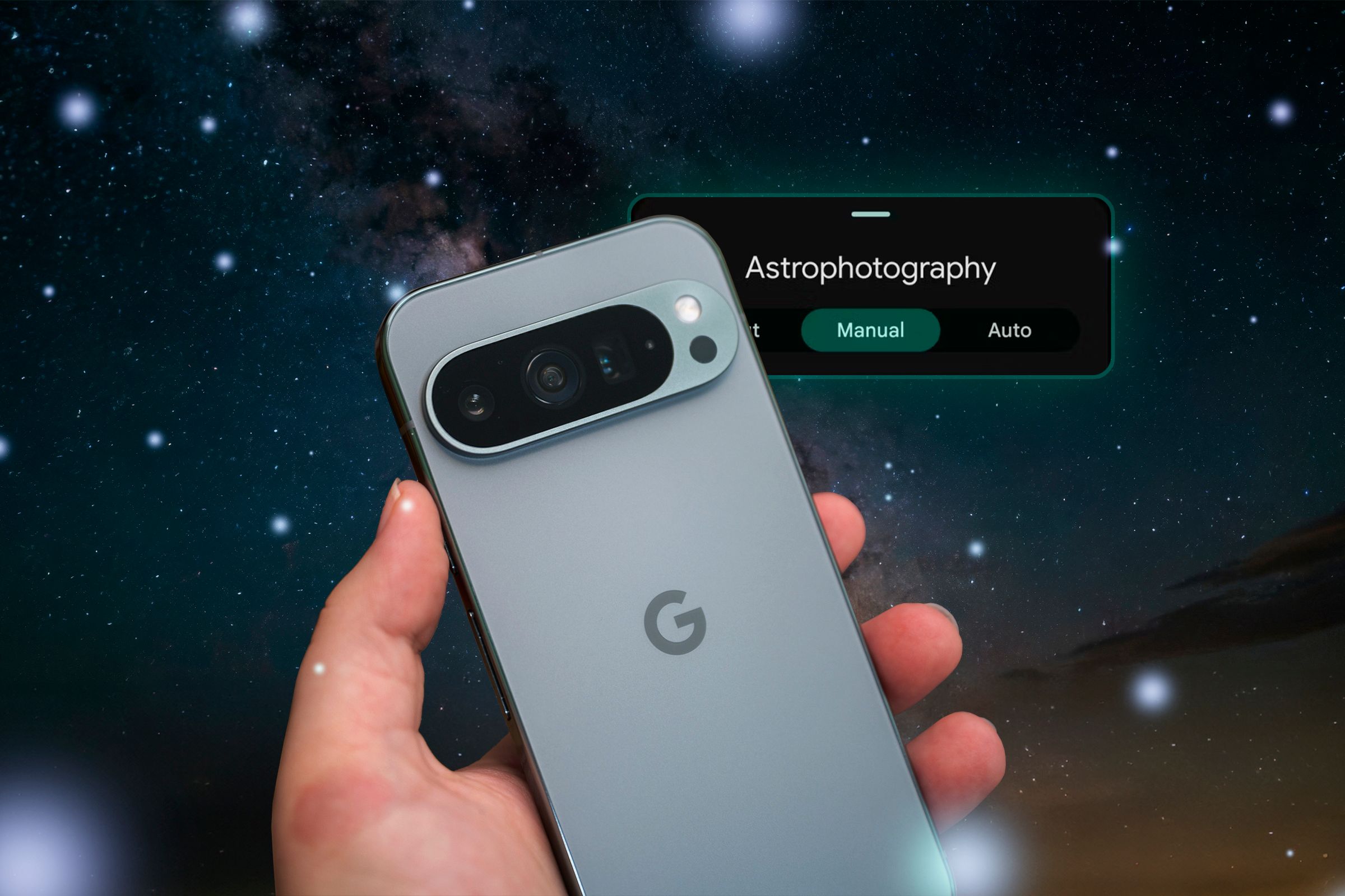 A person holding a Google Pixel under a starry sky.