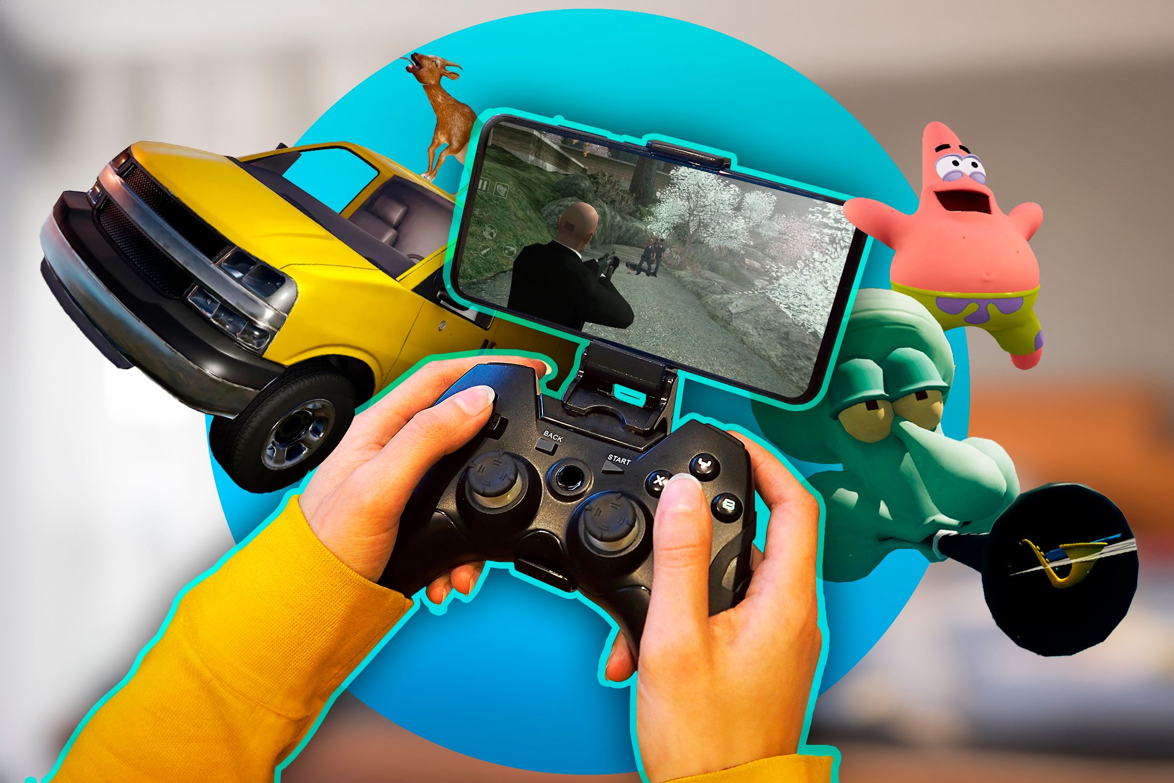 A person playing on a smartphone, and in the background, a collage featuring elements of Goat Simulator and SpongeBob.