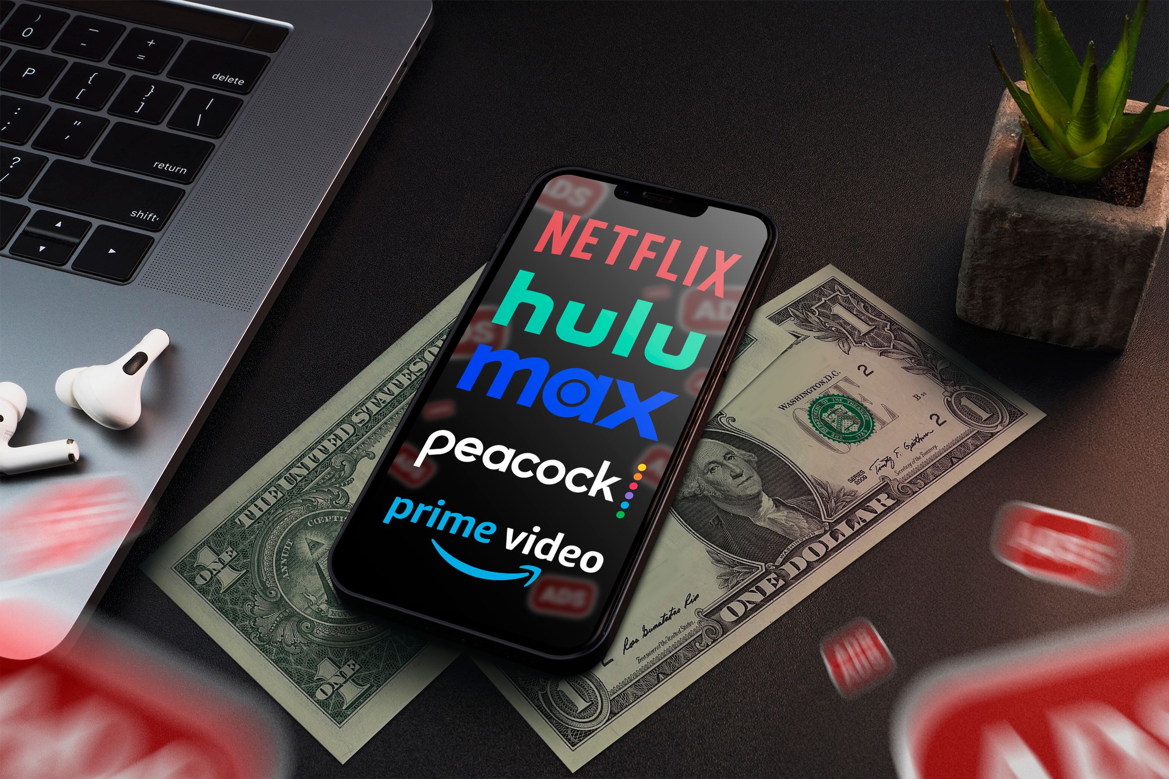 A phone above some dollar bills and some streaming service logos on the screen.