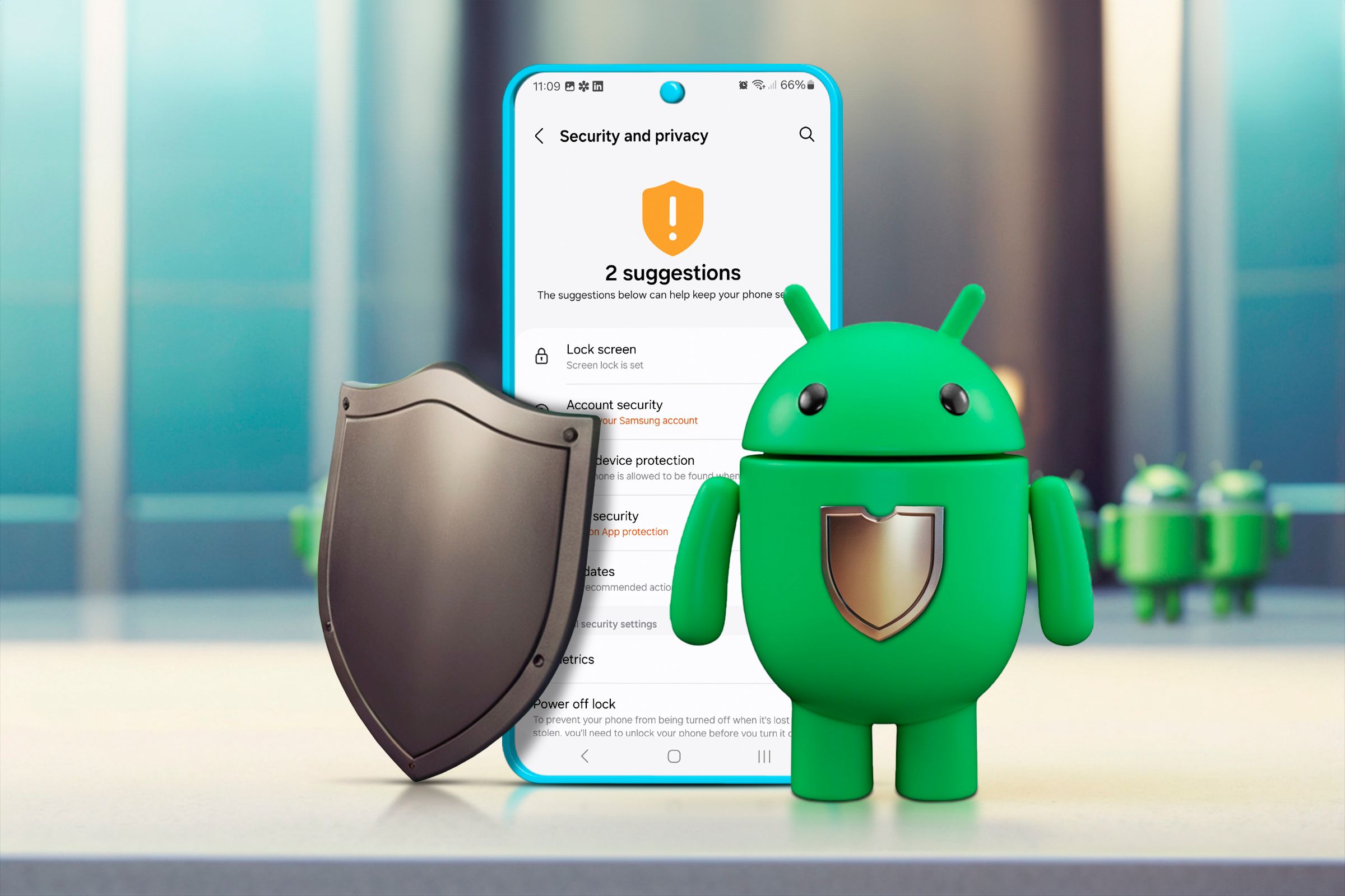 A phone on the security and privacy screen with the Android mascot in front and a shield.