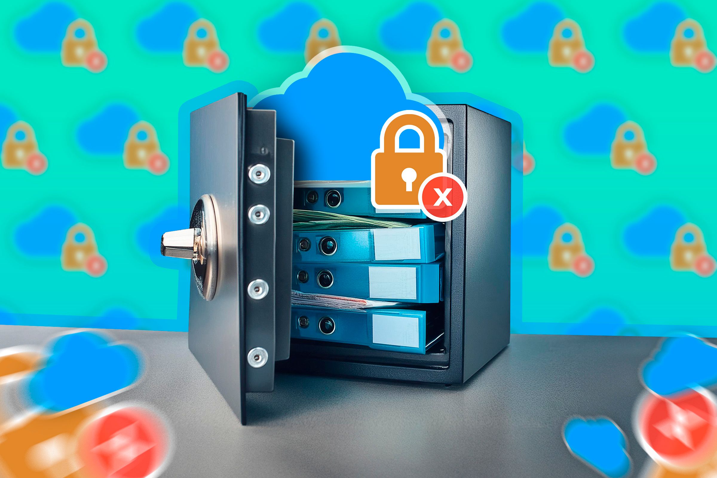 A safe with some files and a cloud icon with a padlock and an 'x'.