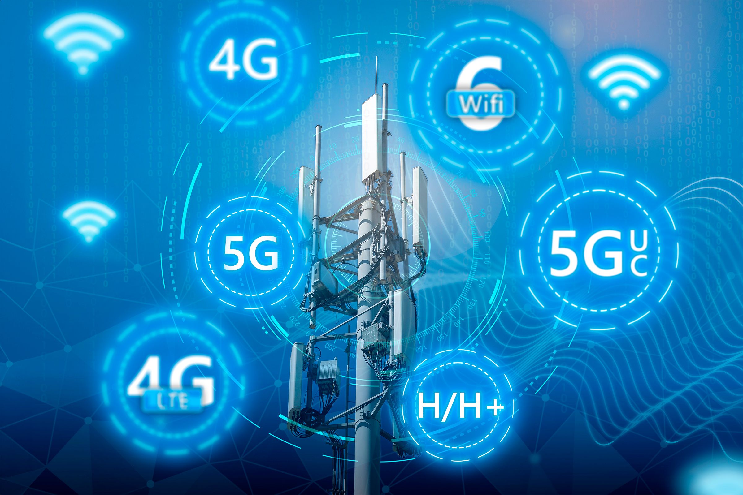 A telecommunications tower with some icons representing different types of internet connections around it.