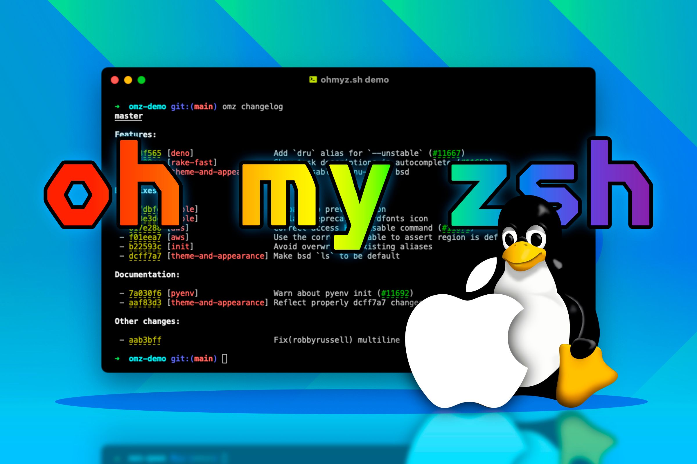 A terminal with Oh-My-ZSH and the Linux mascot with the Apple logo in front of it.