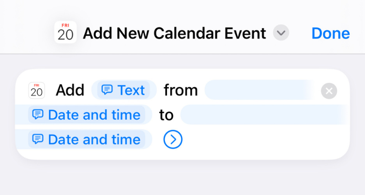 Screengrab of the Add New Calendar Event shortcut on iPhone.