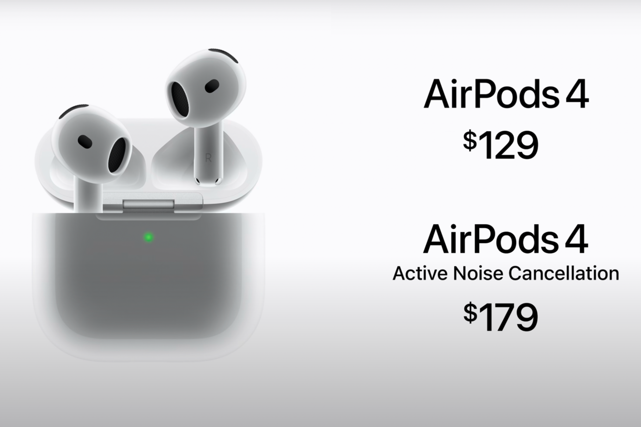 Screengrab of the Apple Glowtime event showcasing the AirPods 4 pricing.