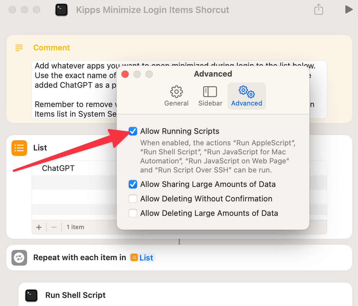 Allowing your shortcut to run scripts