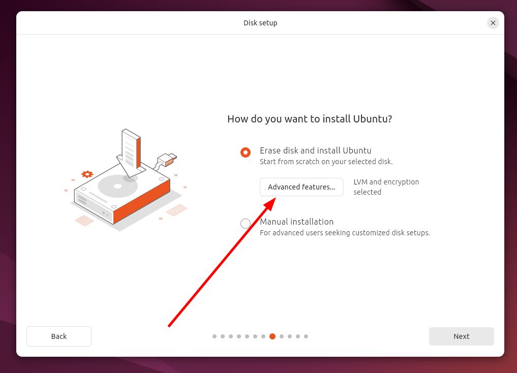 An example of the disk setup prompt during Ubuntu installation.