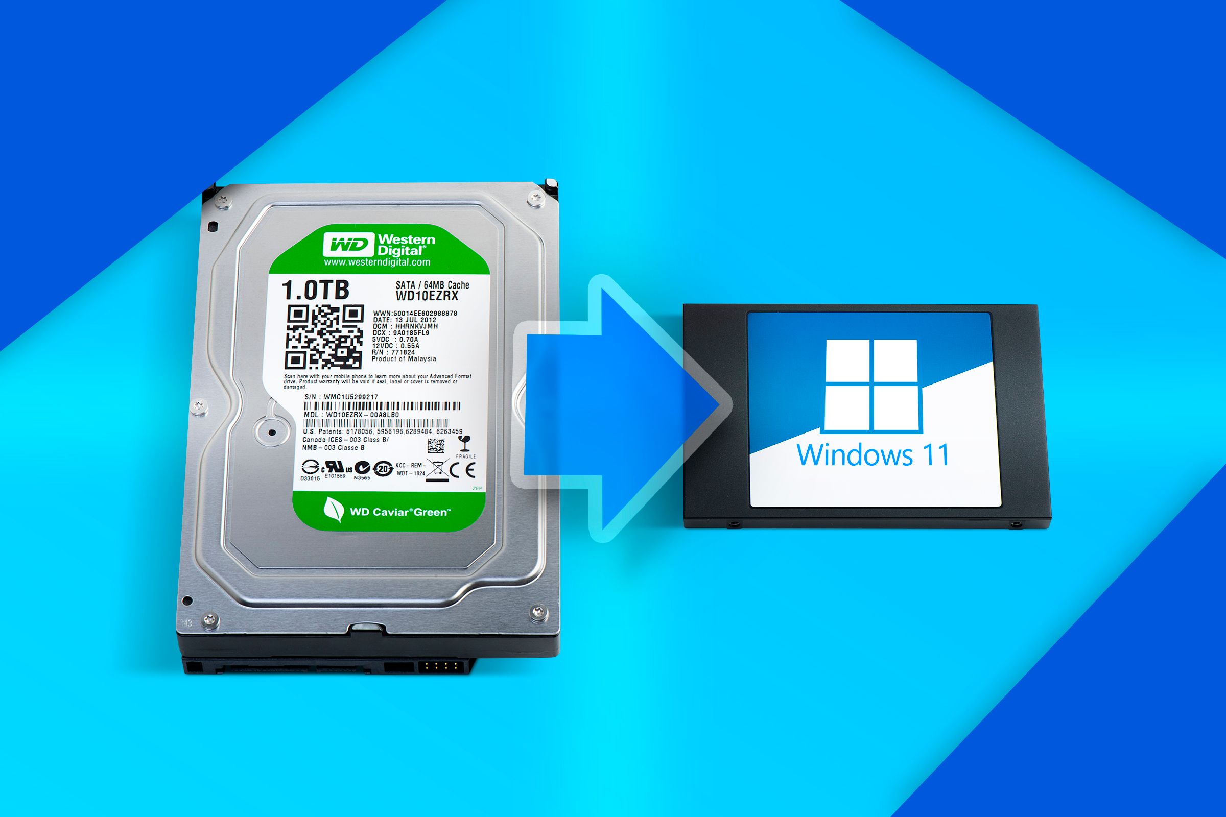 An HD next to an SSD with the Windows 11 logo and an arrow between them.