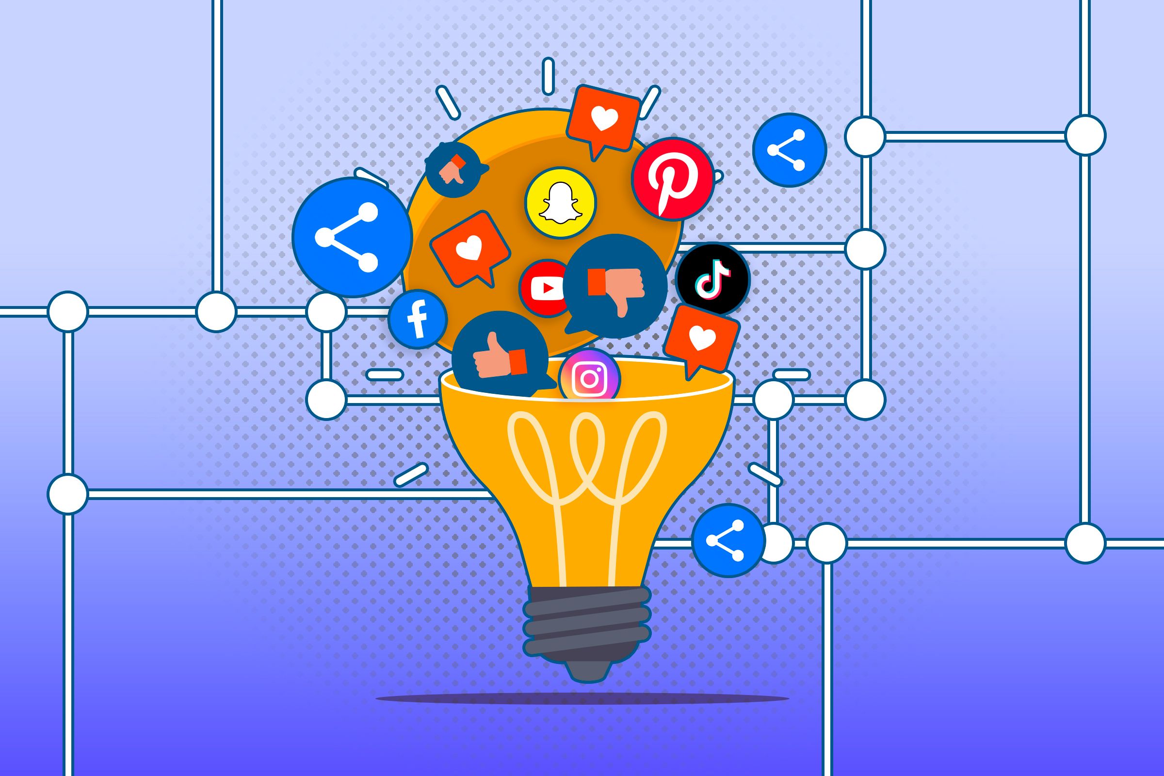 An illustration of a lightbulb with several social media icons, likes, and sharing symbols.