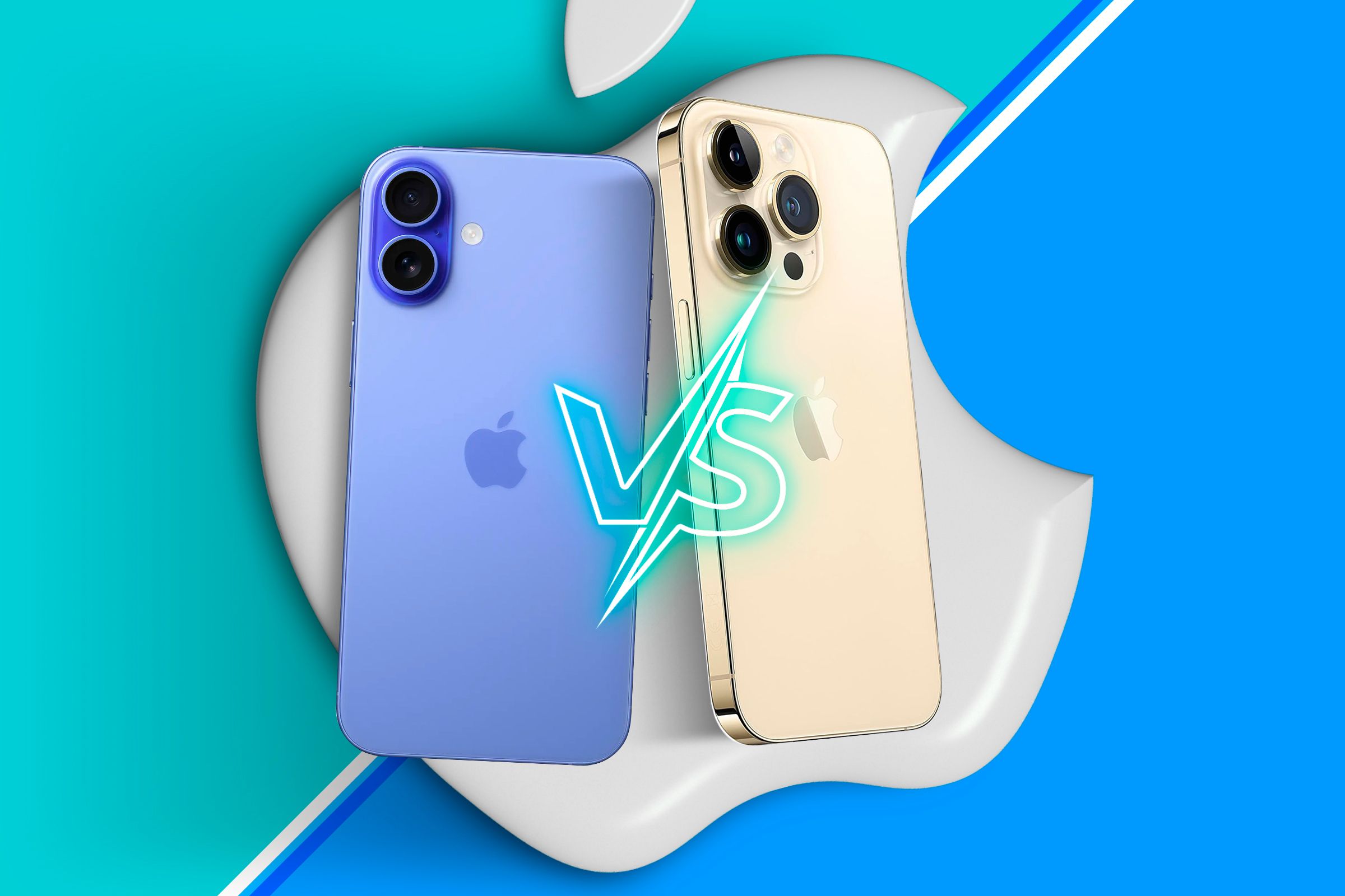 iPhone 16 in ultramarine finish and iPhone 14 Pro in gold finish with a versus symbol in between.