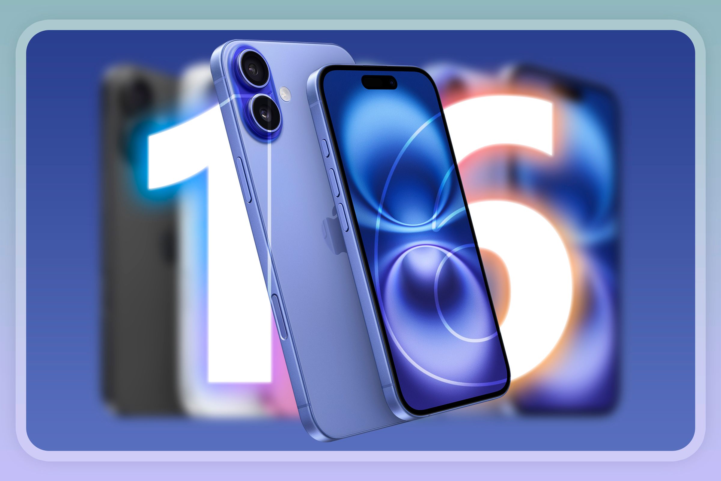 An iPhone 16 with the number 16 in the background and several blurred iPhones.