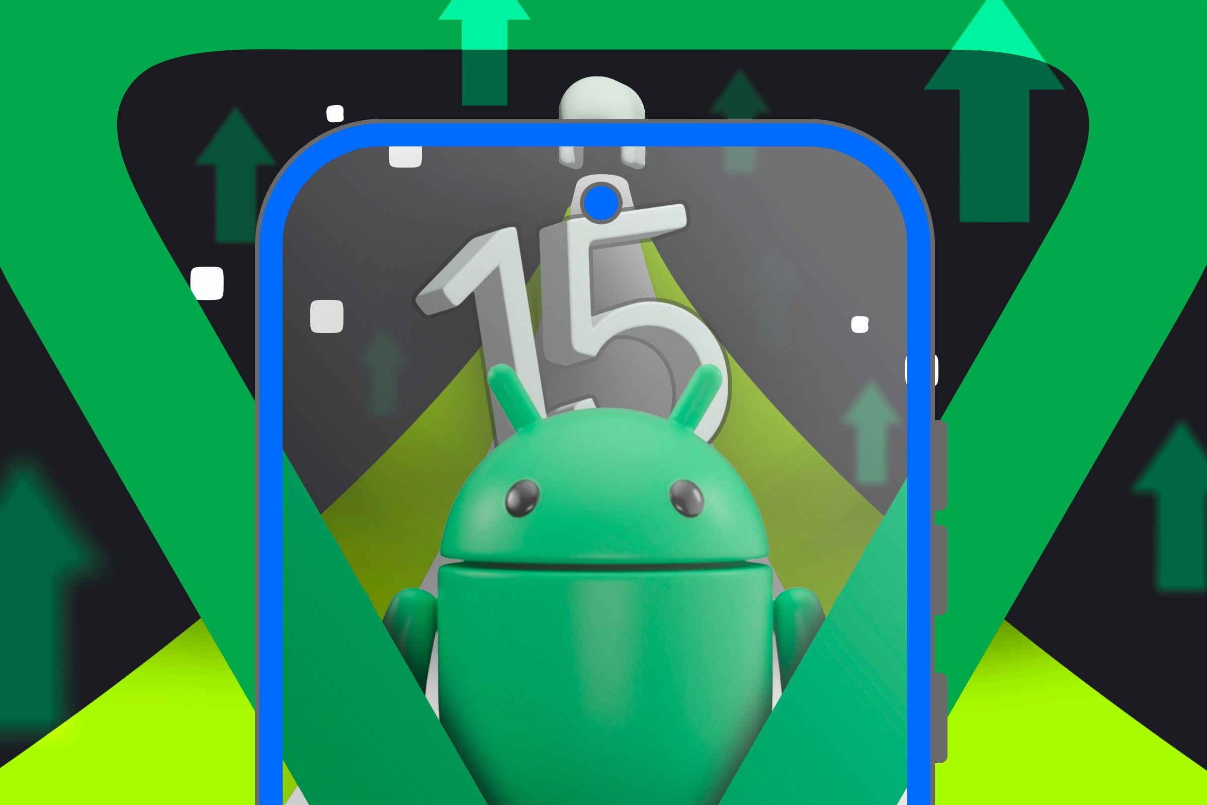 Android 15 logo with an illustration of a smartphone featuring the Bugdroid.