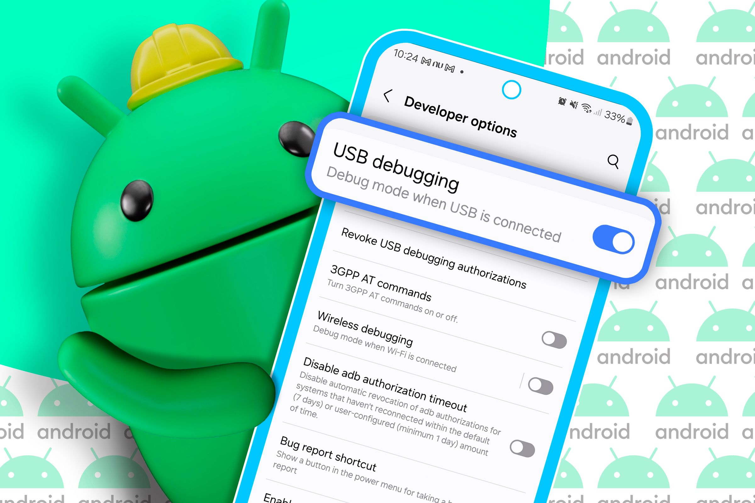 Android mascot holding a phone with USB debugging enabled.