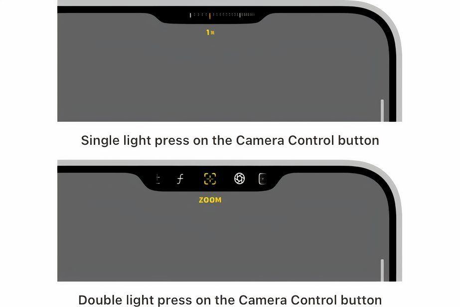 Illustrations of two iPhone screens one after another showcasing different overlays when pressing or double-pressing the Camera Control button.