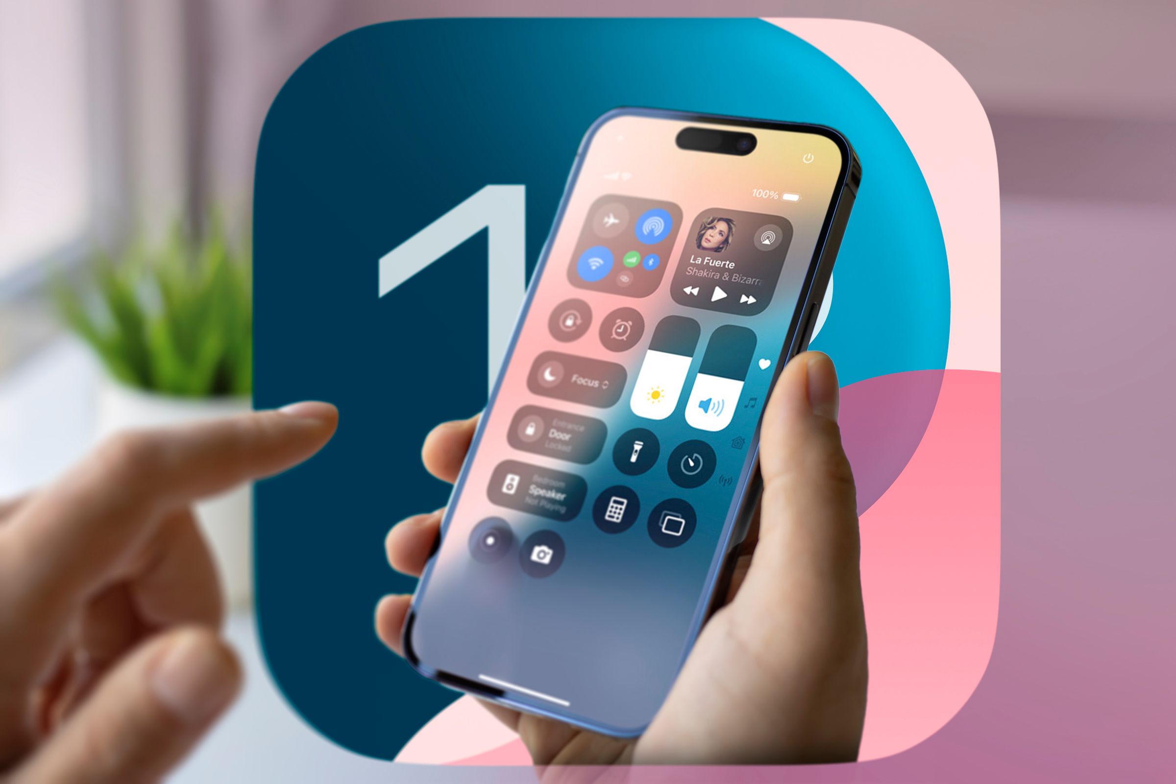 A hand holding an iPhone with the Control Center open and the iOS 18 logo in the background.