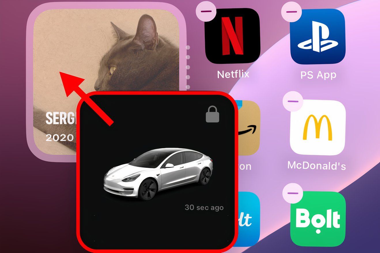 Dragging a Tesla widget atop a Photos widget on the iPhone's Home Screen to create a stack.