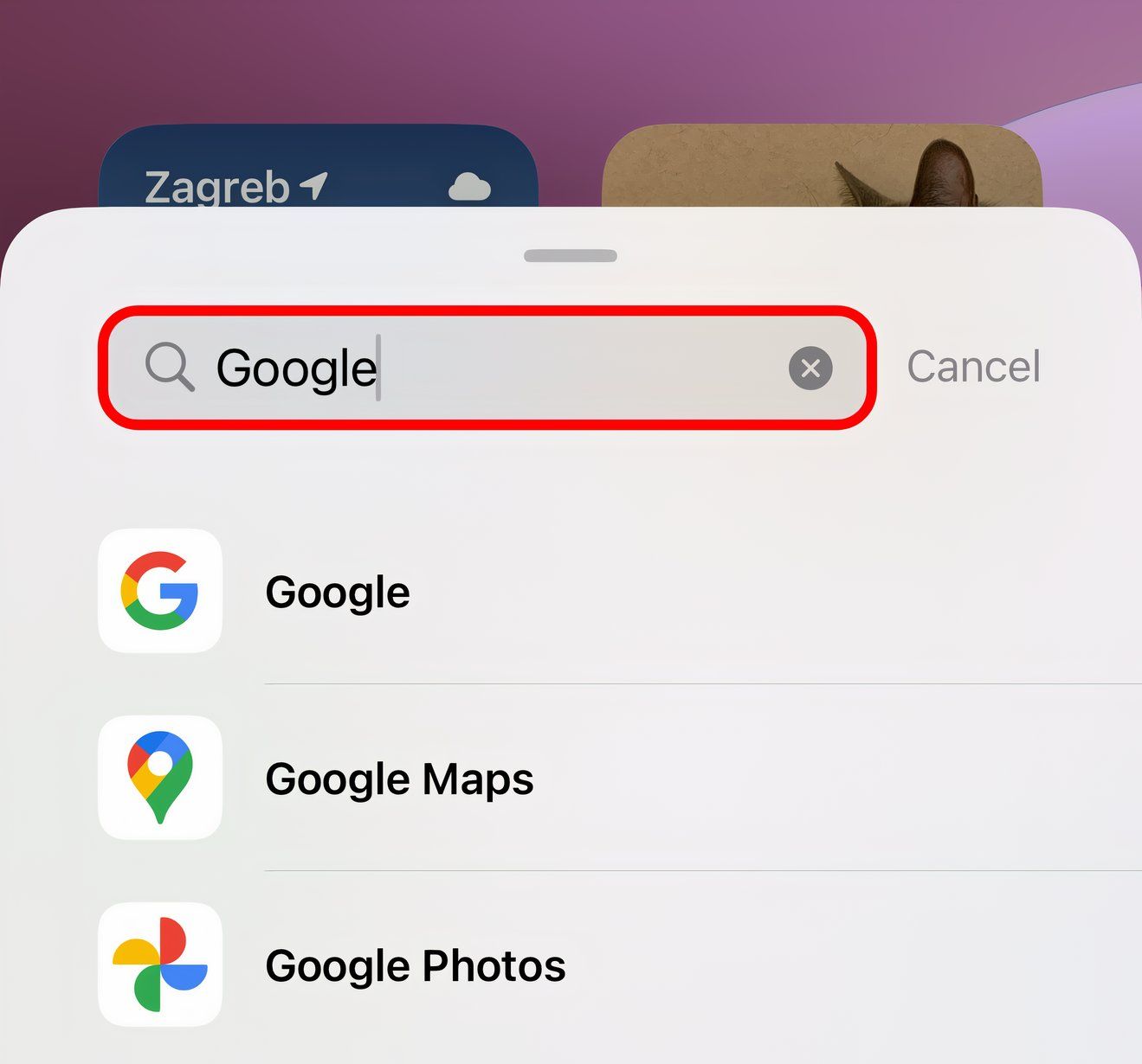 Widgets gallery on iPhone with 'Google' typed in the search field.