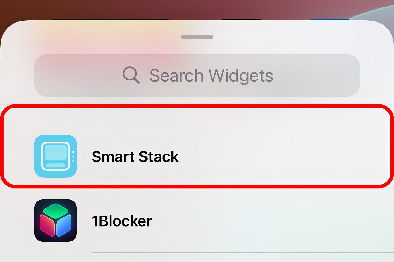 Closeup of the iPhone's built-in widget gallery with the annotated Smart Stack option.