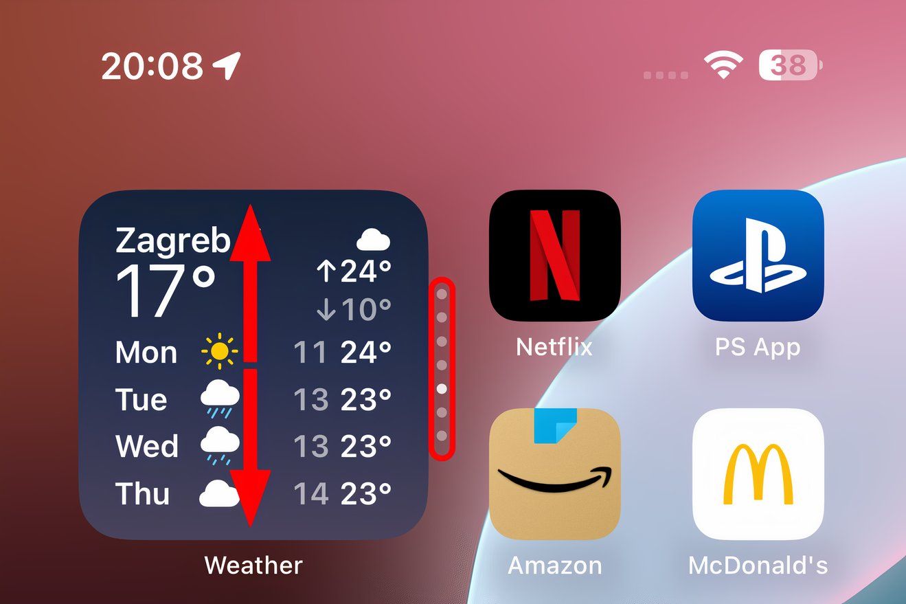 Closeup of a Weather widget on the iPhone's Home Screen with red up and down arrow overlaid on it.