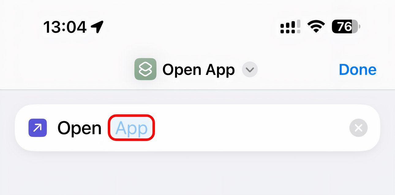 The Open App action in the iPhone's Shortcuts app.