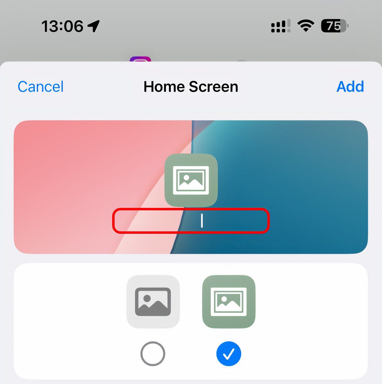 Typing icon name before saving automation to the Home Screen in Shortcuts for iPhone.