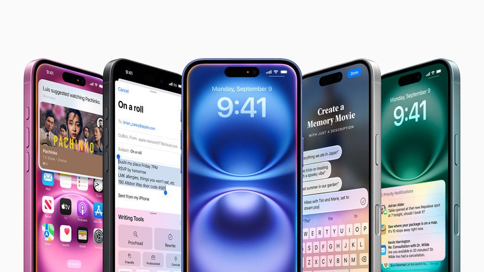 Apple iPhone 16 models showing different uses of Apple Intelligence.