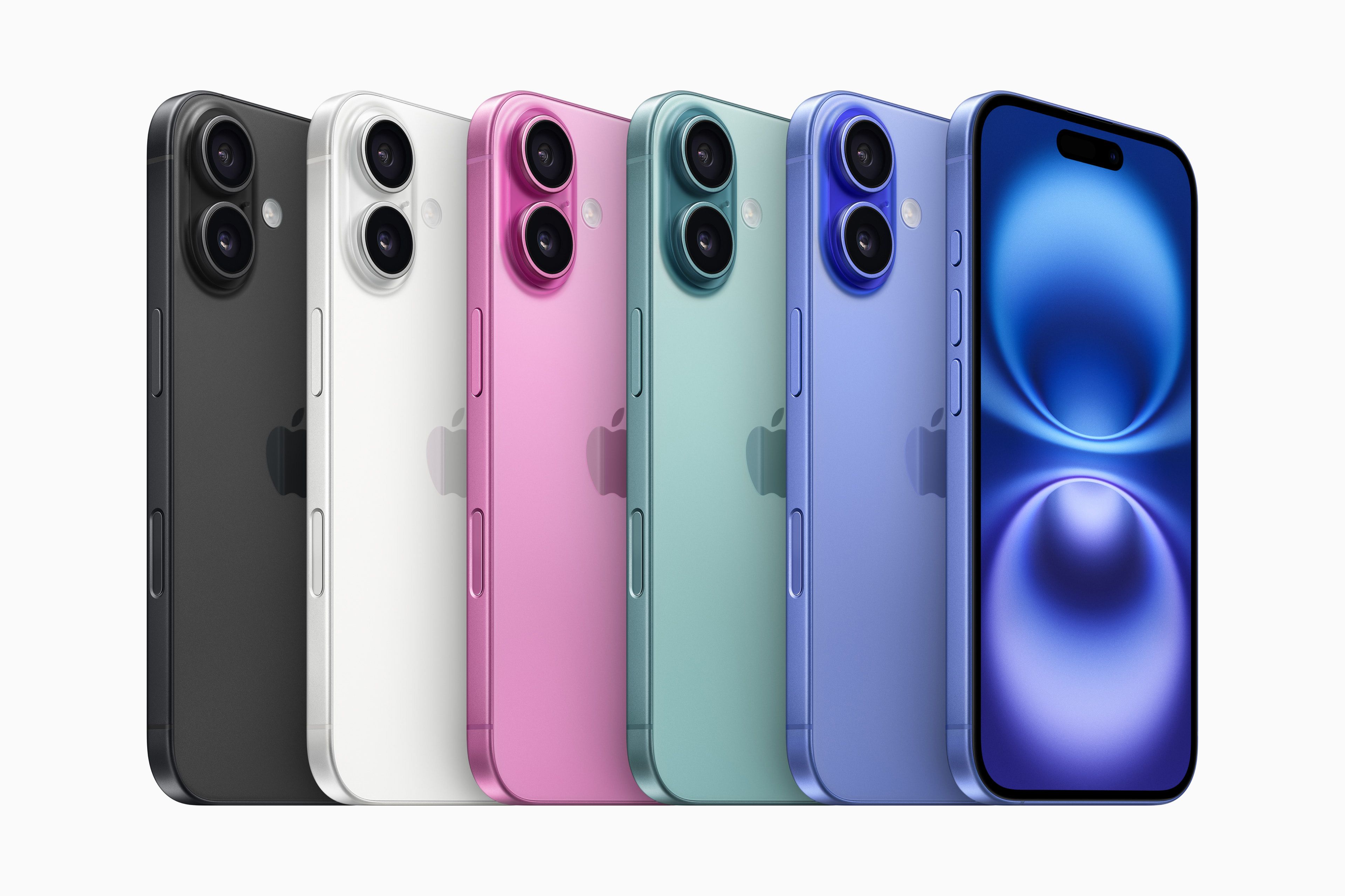 Several iPhone 16 phones in different colors.