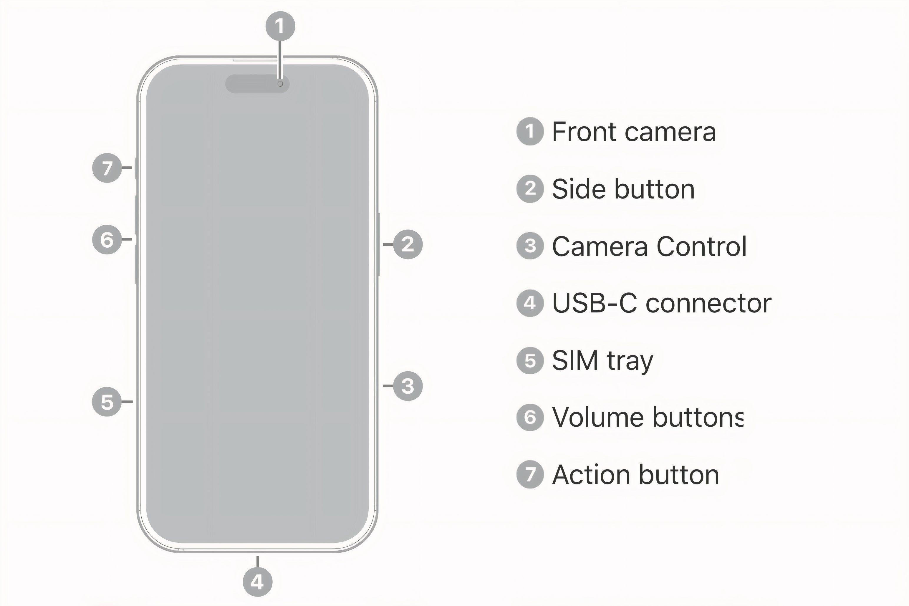 iPhone 16 illustration showcasing where physical buttons are located.